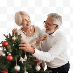 一对老情侣图片_老夫妇一起拥抱和装饰圣诞树
