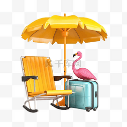 漂浮黄色球图片_充气火烈鸟与海滩黄色手提箱相机