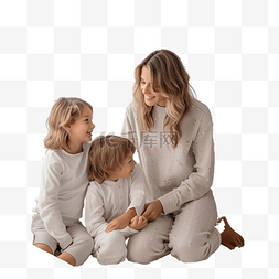 卧室里的床图片_美丽的母亲和她的两个孩子拥抱在