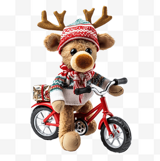 戴着帽子和围巾的滑稽玩具圣诞驯鹿坐在玩具自行车上