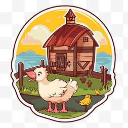 鸭子插图图片_农场风格的鸭子和小房子的插图 