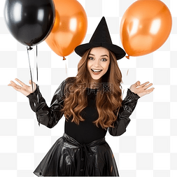 黑色指点图片_年轻女巫拿着黑色和橙色气球参加