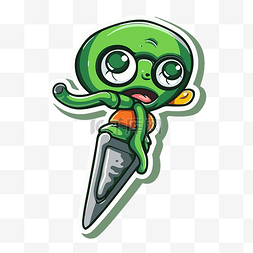绿色外星人用一把锋利的刀在绿色