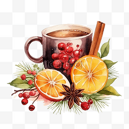 手绘复古小植物图片_圣诞节和新年组合物与热葡萄酒复