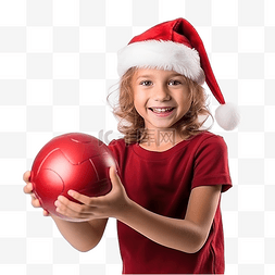 圣诞快乐帽图片_孩子拿着一个戴着圣诞帽的球