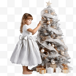 白色圣诞树图片_穿着奇装异服的小女孩装饰着巨大