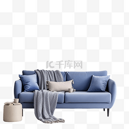 蓝色的墙图片_阁楼风格的客厅墙上挂着蓝色沙发