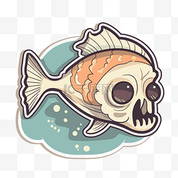 卡通死鱼图片_带有头骨和白鱼的鱼贴纸插图 向