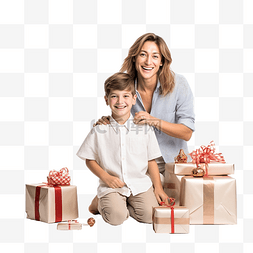 妈妈和儿子坐着图片_妈妈和儿子藏着礼物，准备迎接妈