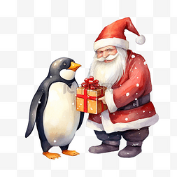 圣诞快乐插画，圣诞老人和企鹅在