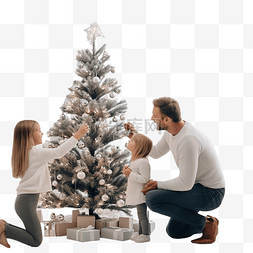 幸福的微笑家庭在客厅装饰圣诞树