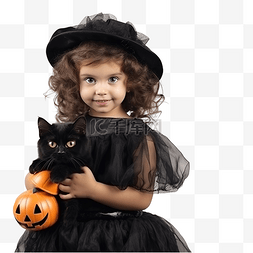 万圣节穿着女巫服装手里拿着黑猫