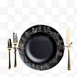 圣诞装饰丝带图片_黑色盘子和餐具，黑暗中配有圣诞