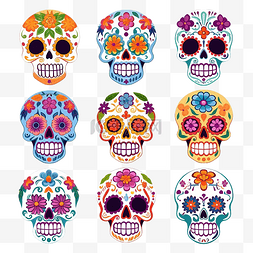 墨西哥人卡通图片_为死亡日或万圣节设置彩色糖头骨