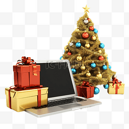 3d 圣诞树礼品盒渲染和笔记本电脑