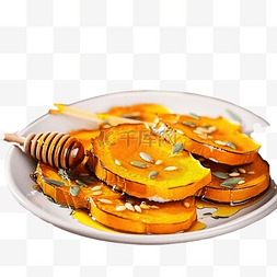 桌子上的美食图片_烤南瓜片可供食用，蜂蜜放在桌子