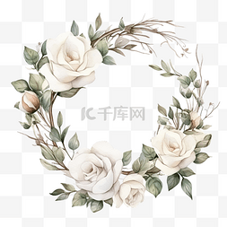 开花的树枝图片_干树枝花圈框架上的水彩白玫瑰花