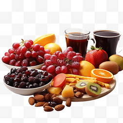 餐桌上背景图片_餐桌上摆满了各种水果和咖啡，以