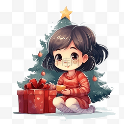 一个小女孩拿着圣诞礼物坐在圣诞
