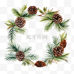 水彩画框图片_松树枝和锥体的圣诞框架