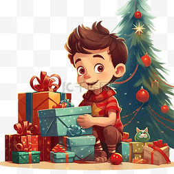 老人孩子开心玩耍图片_带着礼物的男孩在圣诞树附近玩耍