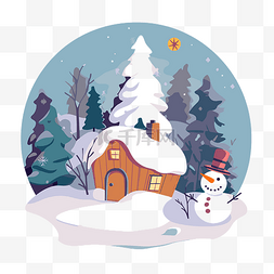 免费冬季剪贴画卡通房子与雪人在