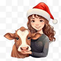 宠物合影图片_在白色圣诞农场与小牛犊合影的女