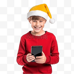 戴着圣诞红帽手机为黄色的快乐微