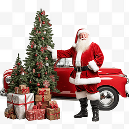 红色貨车图片_正宗的圣诞老人，圣诞树站在户外