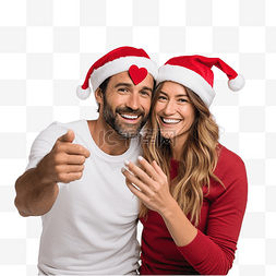拥抱的恋人图片_戴着圣诞帽的夫妇在圣诞节自拍，