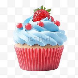 草莓纸杯蛋糕图片_蓝色奶油和草莓纸杯蛋糕