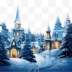 村庄夜景图片_圣诞假期冬季房屋插画与雪村