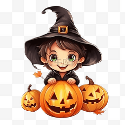 十月可爱的男孩戴着女巫帽，带着