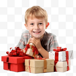 金发小男孩玩圣诞礼物和盒子
