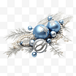 圣诞树配件图片_银上饰有冷杉树枝和蓝色球