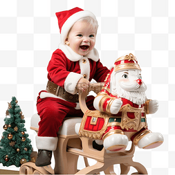 摇马上穿着圣诞老人服装的婴儿