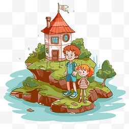 一座房子图片_参观剪贴画男孩和女孩站在一座岛