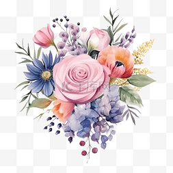 宽松图片_宽松水彩七彩玫瑰和野花花束元素