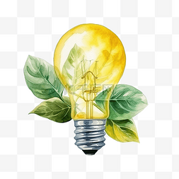 环保节能黄色灯泡与绿叶符号水彩