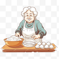 卡通做饭女图片_奶奶用面团和肉末烹制传统的自制
