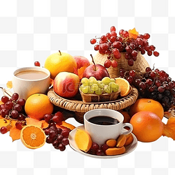 餐桌上摆满了各种水果和咖啡，以