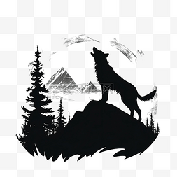 嚎叫的狼和山风景的剪影