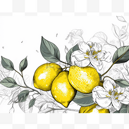艺术开着图片_开着白色花朵和叶子的柠檬树枝插