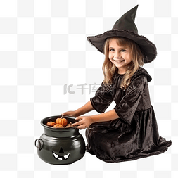 穿着服装和帽子的小女巫变出锅