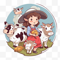 挤奶油的图片_可爱的卡通女孩和她的一群动物剪