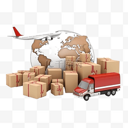 全球包裹图片_3D 送货服务和带红色定位销的纸板