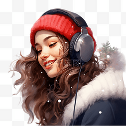 音乐圣诞老人图片_戴着耳机听音乐庆祝圣诞假期的女