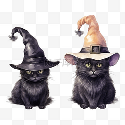 卡通手绘女巫帽子图片_万圣节女巫帽子和黑猫的手绘水彩