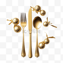 白色表面圣诞装饰上的金餐具