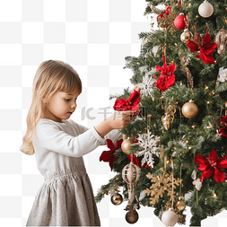 用玩具和鲜花装饰圣诞树的小女孩